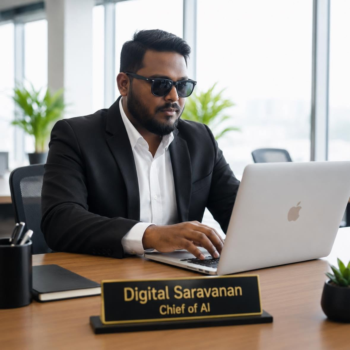 Digital Saravanan, Chief of AI at DigiMonk Group, working on a laptop